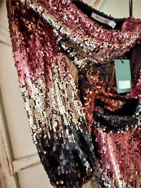 Audette Nolan Midi Dress Sequin One Shoulder Ombré Midi Dress Size Small NWT